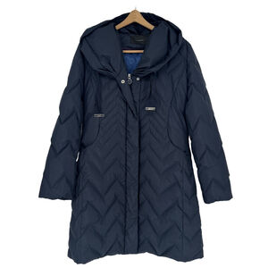 Tahari Navy Quilted Goose Down Puffer Coat Pillow Collar Parka